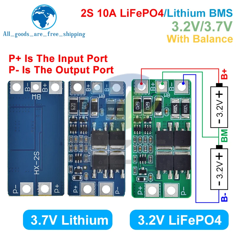 TZT BMS 2S 3.2V 3.7V 10A LiFePO4 / Lithium Battery Charge Protection Board 6.4V 7.2V 18650 32650 Battery Packs With Balance
