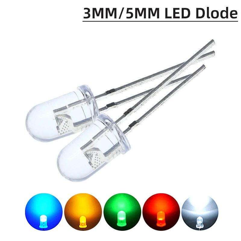10/20/100PCS LED Transparent Round 3MM 5MM Super Bright Water Clear Green Red White Yellow Blue Light LED Bulbs Emitting Diode