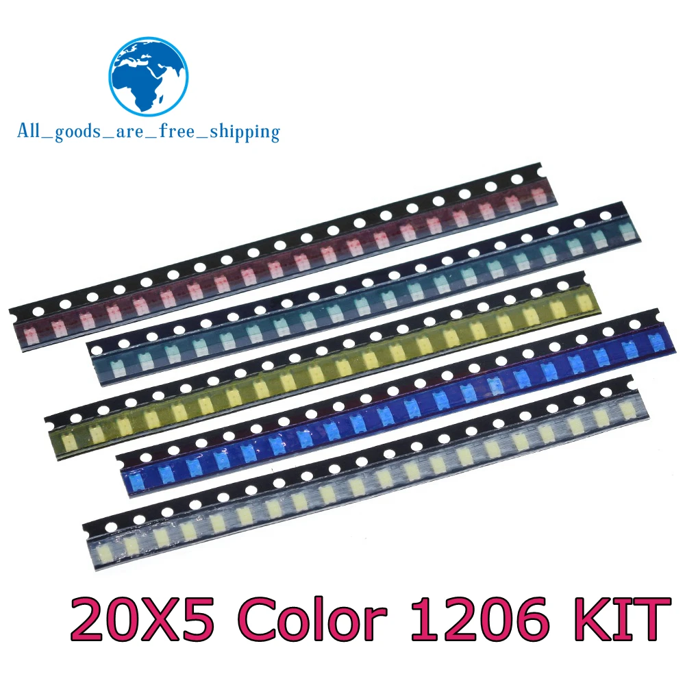 TZT 100pcs=5 colors x20pcs 1206 SMD LED light Package Red White Green Blue Yellow 1206 led kit